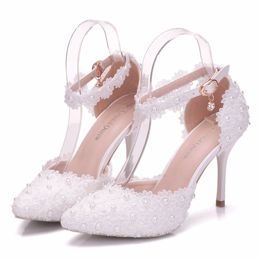Women High Heels Sandals White Lace Pearls Wedding Shoes Pointed Toe Bridal Shoes