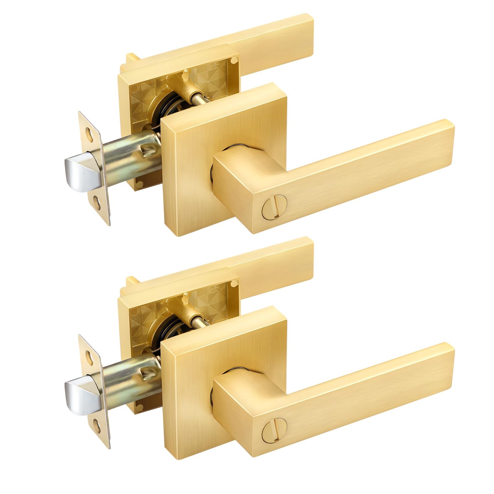 Photo 1 of EHOMEWARE 2 Pack Gold Door Handles, Privacy Door Levers Bed and Bath Leverset Lockset, Satin Brass Finish, Universal Handing with Square Door Knobs