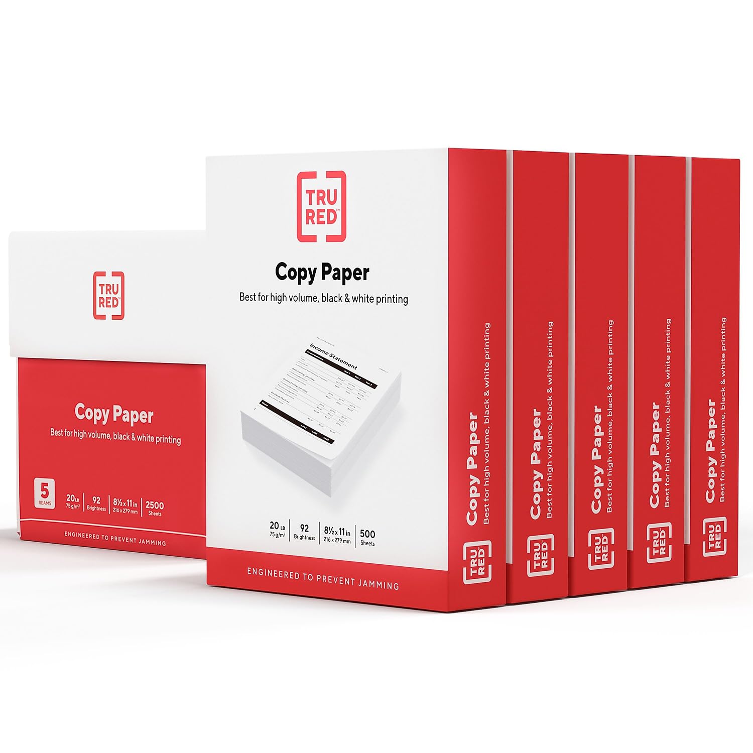 Photo 1 of Staples TRU RED Copy Paper, 8.5" x 11" Sheet Size, 92 Brightness, 20 lbs., Smooth Finish White Paper (500 Sheets/Ream, 5 Reams/Carton)