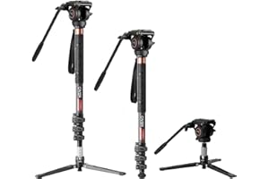 Cayer Monopod Camera Stand, Carbon Fiber Telescopic Monopods Kit with Video Fluid Head and Folding Support Base, 1 Extra Sliding Plate, for DSLR Video Cameras & Camcorders, CF34, 72 Inch