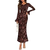 ZESICA Women's 2026 Bell Long Sleeve Floral Maxi Dress Spring Fashion Bodycon Mesh Wedding Guest Cocktail Party Dresses