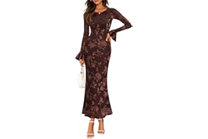 ZESICA Women's 2025 Bell Long Sleeve Floral Maxi Dress Fall Fashion Bodycon Mesh Wedding Guest Cocktail Party Dresses