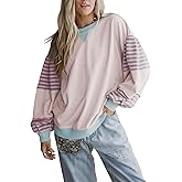 Mazulun Womens Crew Neck Sweatshirt Striped Color Block Patchwork Drop Shoulder Long Sleeve Loose Pullover Tops