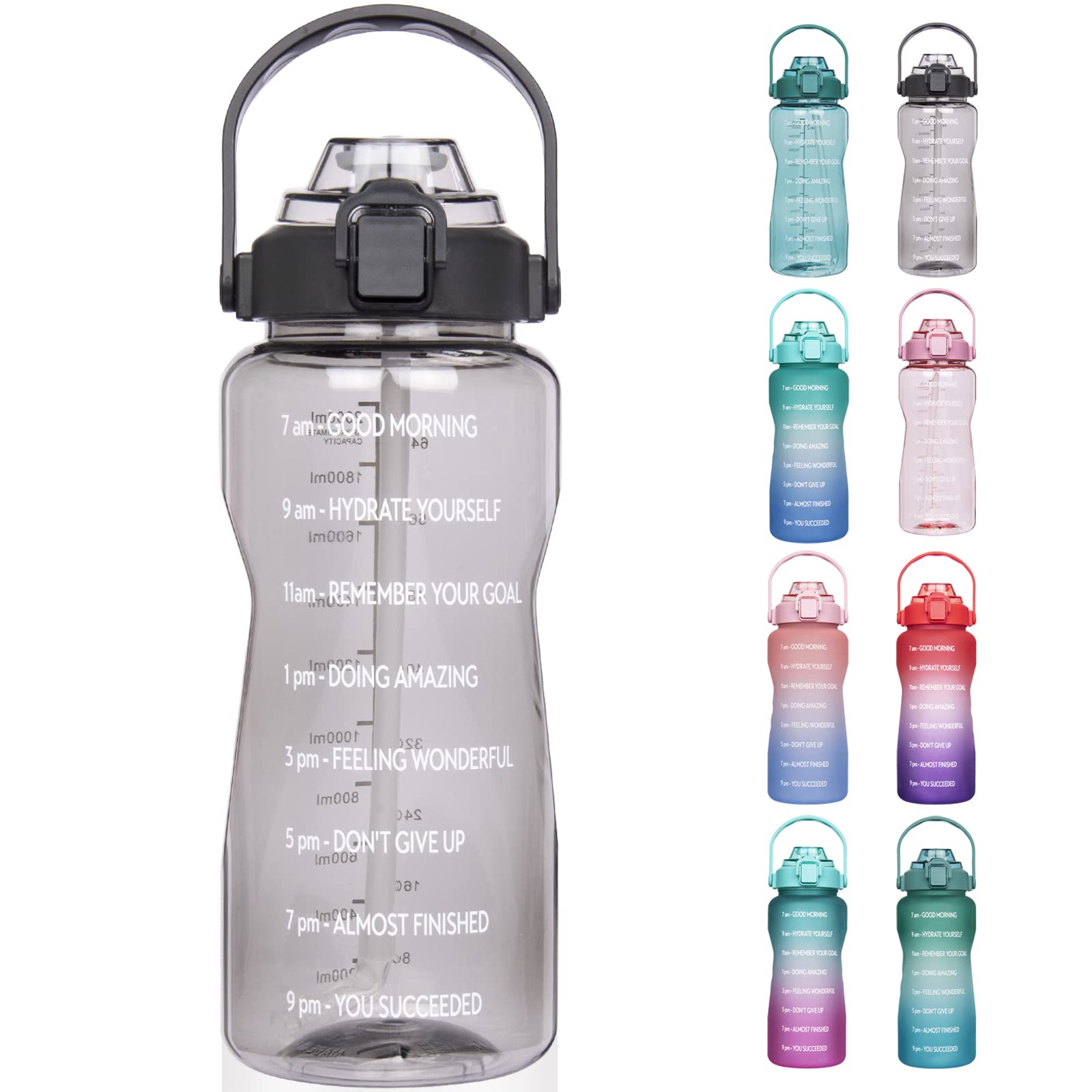 SHBRIFA 2 litre Large Water Bottle With Straw and Time Markings Half Gallon Water Bottle for Fitness, Gym and Outdoor Sports (Transparent gray)