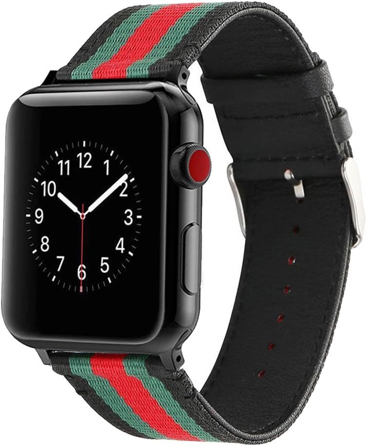 HUANLONG New Nylon Band Compatible with Apple Watch 38/40/42/44mm, Nylon with Leather Buckle Smart Strap Compatible for iwatch Series 1/2/3/4/5 (Black/Green/Red, 38mm/40mm)