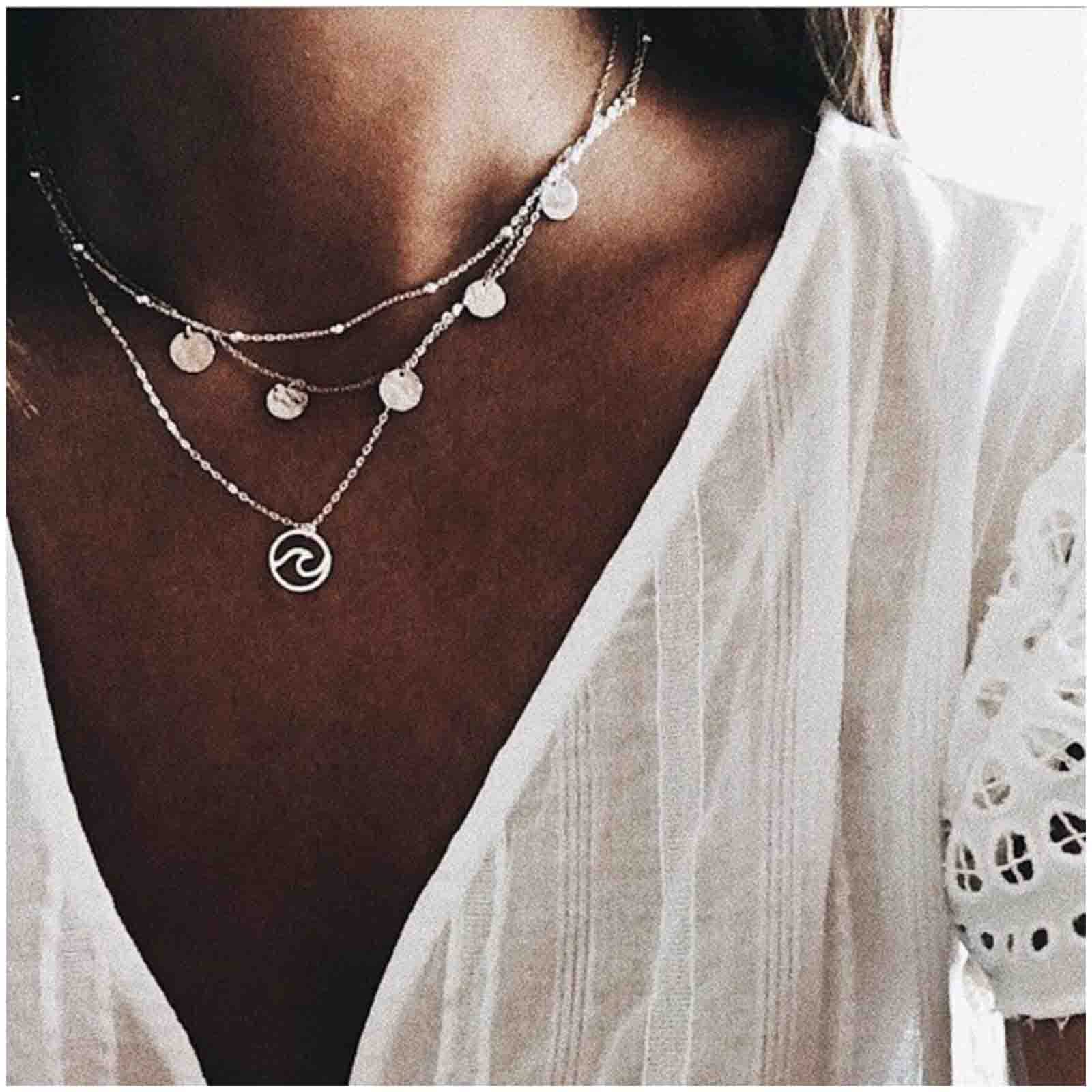 Cimenexe Bohemian Ocean Wave Pendant Necklace Layered Coin Dangle Necklace Silver Textured Coin Choker Necklace Satellite Necklace Choker Jewelry for Women and Girls