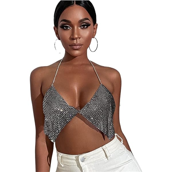 Sexy Halter Neck Rhinestone Crop Top for Women Girls Deep V