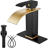 Midanya Bathroom Faucet with Waterfall Spout, Single Hole or 3-Hole Deck Mount, 304 Stainless Steel Sink Faucet with Pop-Up Drain, RV Vanity Compatible,Brushed Gold Spout/Matte Black