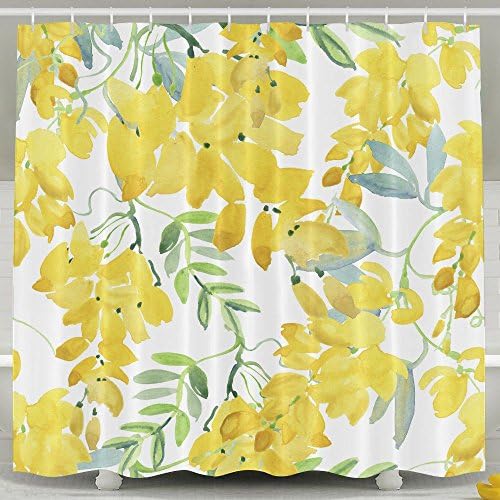 ZiXia Blossoming Yellow Acacia Or Caragana Tree Seamless Vintage Pattern Yellow Flowers In Watercolor Bathroom Decor White Bath Curtain 6072inch Polyester Artwork Print