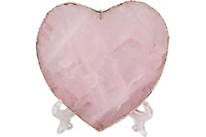 AMOYSTONE Large Heart Stone Rose Quartz Healing Crystals Birthday Gifts for Women, Natural Reiki Meditation Pink Crystal Gilded Edge Heart Shaped 3.5-4"/pc with Plastic Bracket