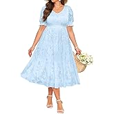 Plus Size Wedding Guest Dress - V Neck Floral Smocked Puff Sleeve Summer Fall A Line Tiered Flowy Midi Dresses 2025