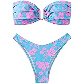 SHENHE Women's 2 Piece Strapless Swimsuit U Wire Boho Floral Tie Back Bandeau Thong Bikini Set