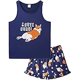 Hupohoi Girls Sleeveless Pajamas Vest Tank Top and Ruffle Shorts Sleepwear Outfits 2pcs Cute Printed Soft Sleepwear