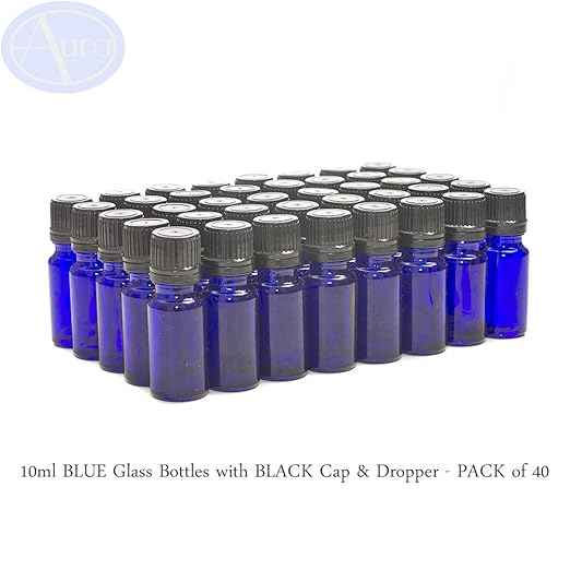 10ml BLUE Glass Bottles with Black Caps & Droppers - BULK PACK of 40