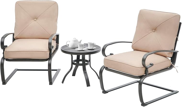 Amazon Com Solaura Patio Outdoor Furniture 3 Piece Bistro Iron Frame Sets With Cushions And Side Coffee Table Beige Garden Outdoor