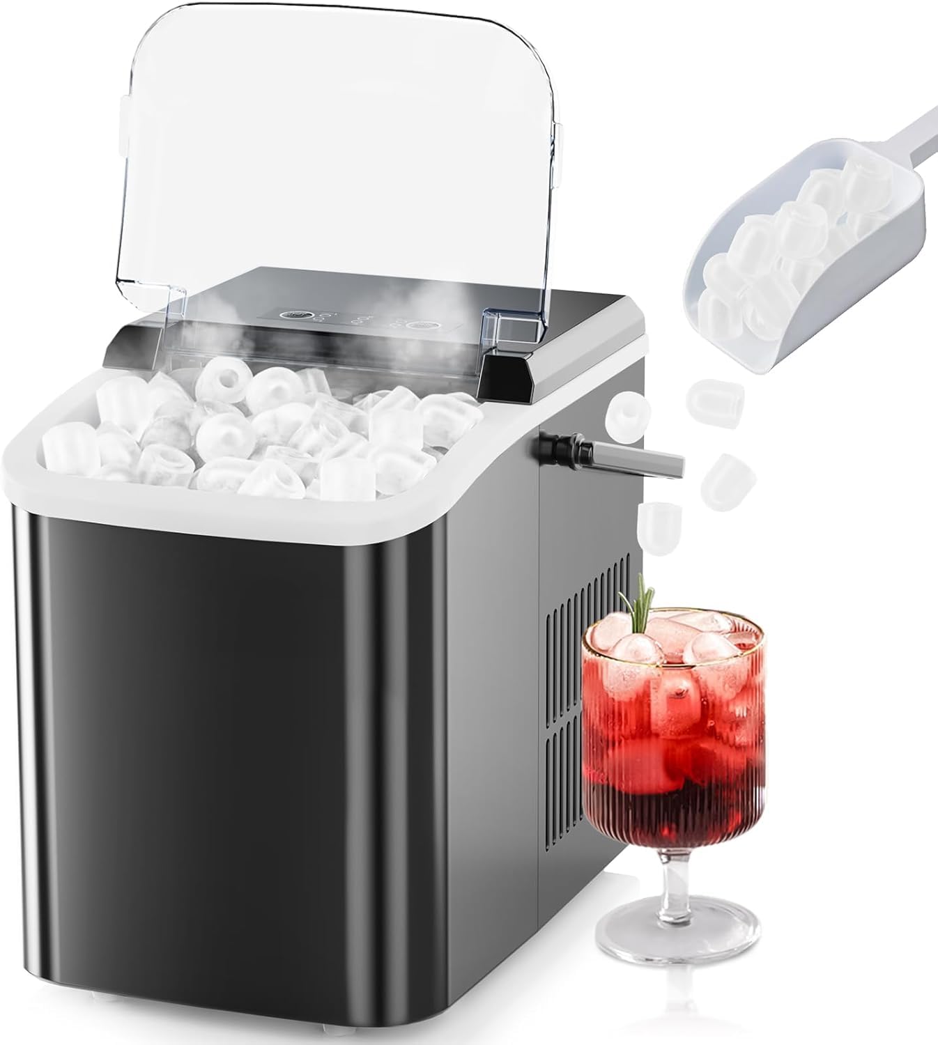 Sweetcrispy Countertop Ice Maker with Scoop, Basket and Handle, Portable Ice Machine 9 Ice Cubes Ready in 6 Mins, 26.5lbs in 24Hrs, 2 Sizes for Home Kitchen Office Bar Party,Bright Black