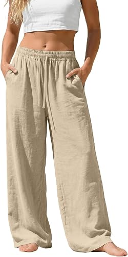 Wide Leg Linen Pants Women Summer Loose Beach Pants for Women Vacation Lightweight Straight Leg Trousers with Pockets