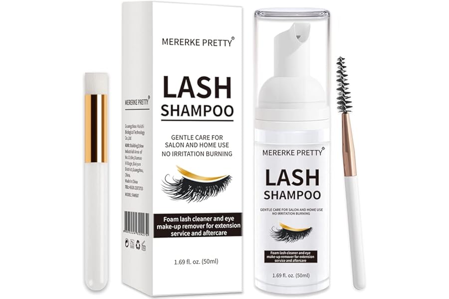 Mererke_Pretty Eyelash Extension Shampoo 50 ml + Brush – Eyelid Foaming Cleanser – Sensitive Paraben & Sulfate Free – Eyelash Wash and Lash Bath for Extensions – Salon Use and Home Care