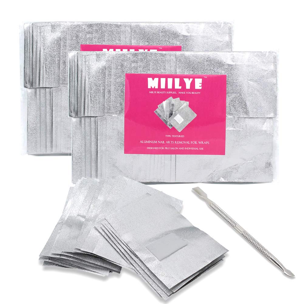 MIILYE Nail Foil Wraps Remover for Acrylic/UV/Gel Polish Soak-off Removal, with Pre-attached Lint Free Pad, Pack of 200 Wraps + 1x Stainless Steel Nail Manicure Remover Scraper Cuticle Pusher