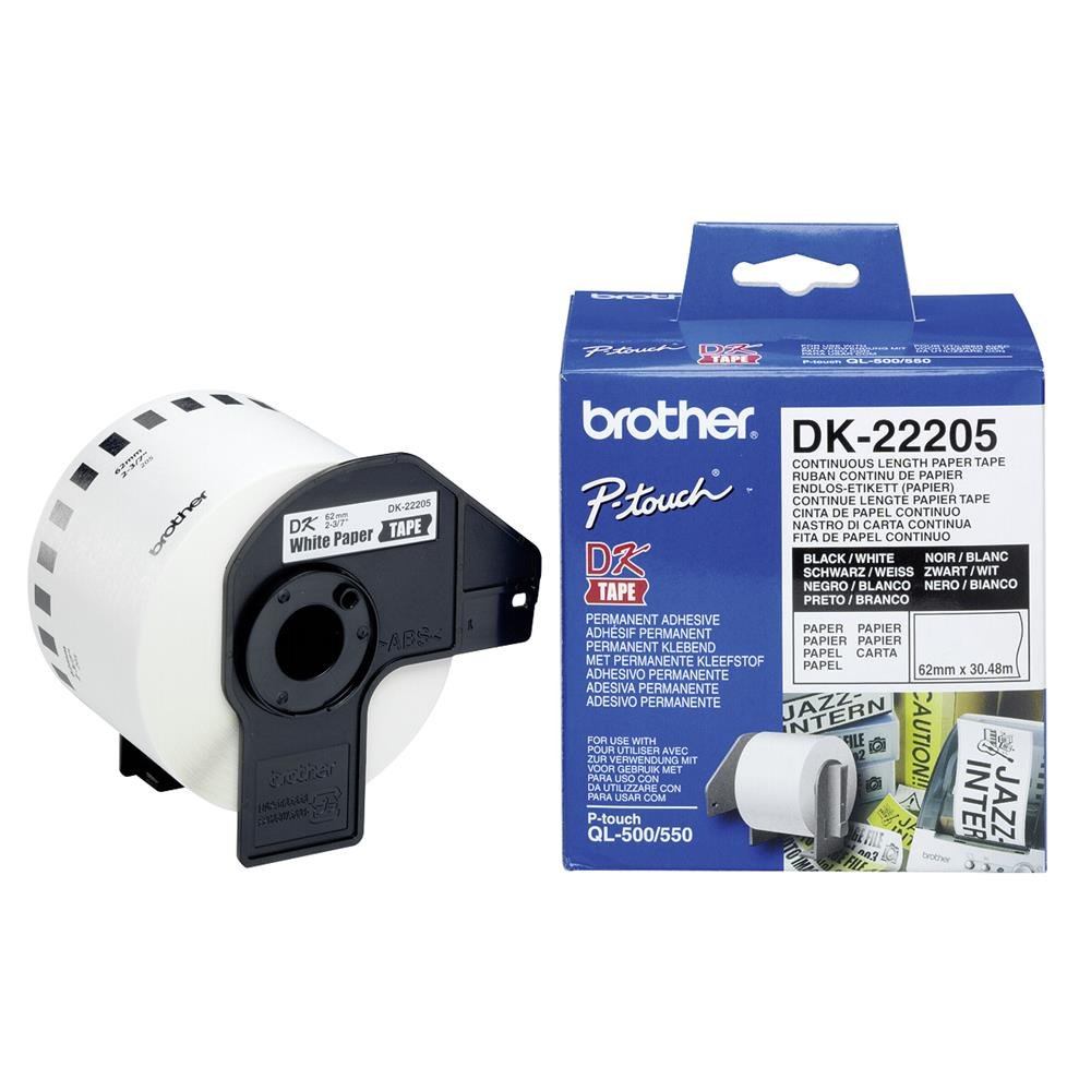 Brother DK-22205 Label Roll, Continuous Length Paper, Black on White, Single Label Roll, 62mm (W) x 30.48M (L), Brother Genuine Supplies