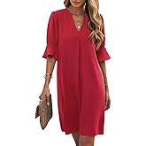 Wkior Shift Dress for Women V Neck Short Sleeves Solid Color Casual Flowy Summer Dresses(S-2XL)