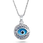 Bling Jewelry Turkish Spiritual Protection Amulet Round Circle Moving Floating Aqua Nazar Blue Evil Eye Filigree Charm Pendant Necklace For Women For Teen .925 Sterling Silver