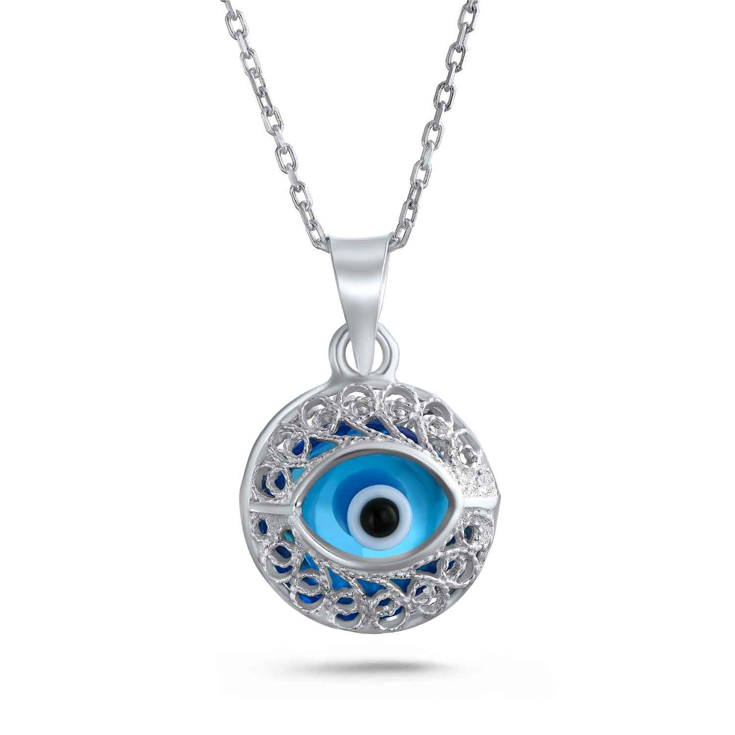 Bling Jewelry Turkish Spiritual Protection Amulet Round Circle Moving Floating Aqua Nazar Blue Evil Eye Filigree Charm Pendant Necklace For Women For Teen .925 Sterling Silver