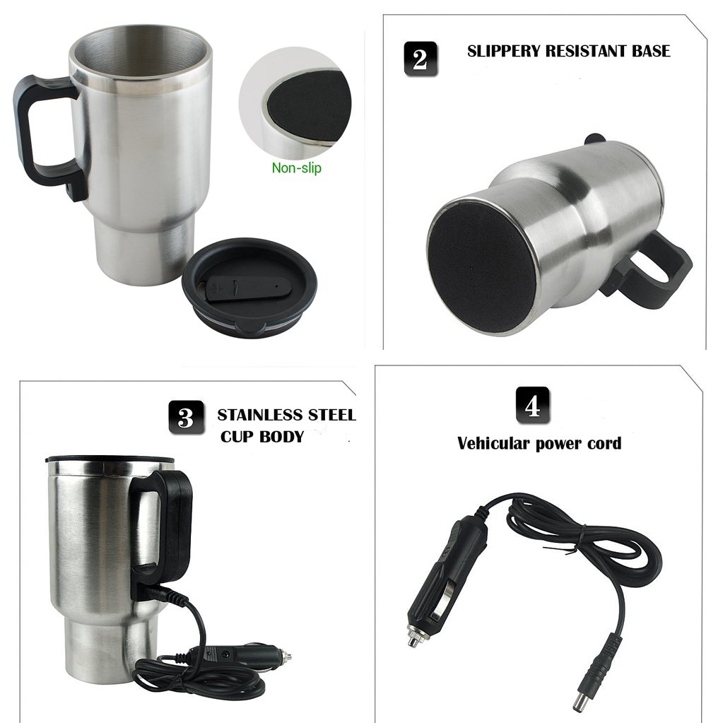 Travel Coffee Mugs, Vinmax Stainless Steel Travel Coffee Mug Cup Heated Thermos with Handle for Heating Water, Coffee, Tea Milk,16 Ounce 12V, ANTI SCALDING