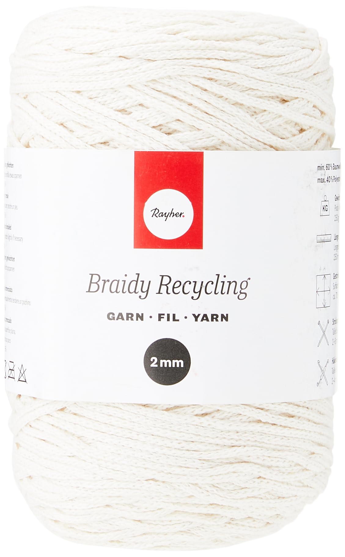 Rayher Braidy Recycling Yarn for Craft, 42009104, 2mm, approx. 250m, Ivory