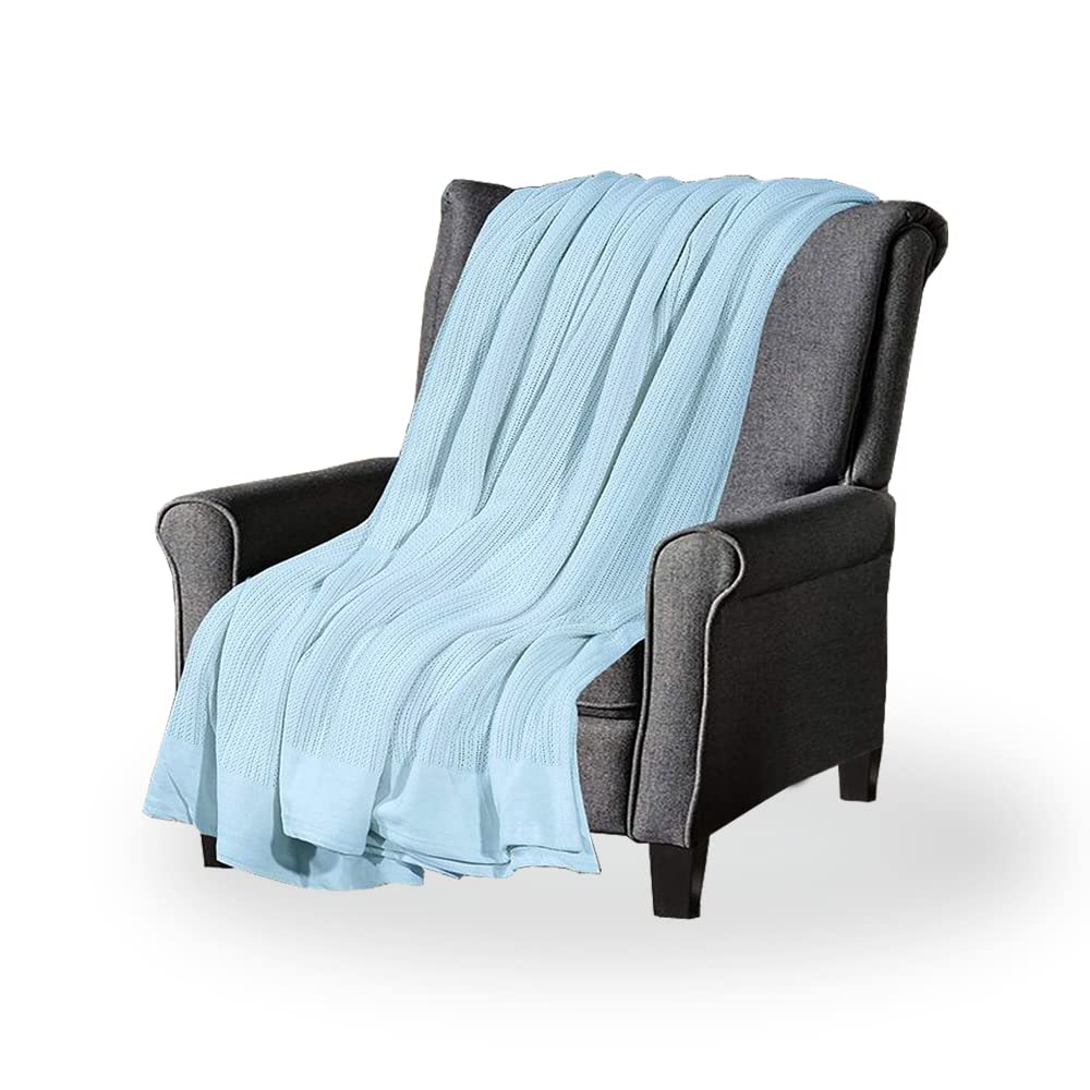 A ATH COLLECTION 100% Pure Organic Cotton Cellular Blanket Thermal Breathable Travel Blanket Extra Soft Warm Lightweight for Adults (Super King 285 x 230 CM, Blue)