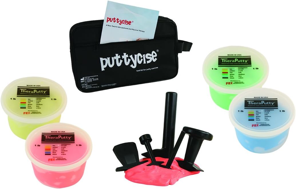 CanDo 10-2830 Puttycise Theraputty with Bag and Putties, 4 x 1 lb, Yellow-Blue, 5-Tool Set