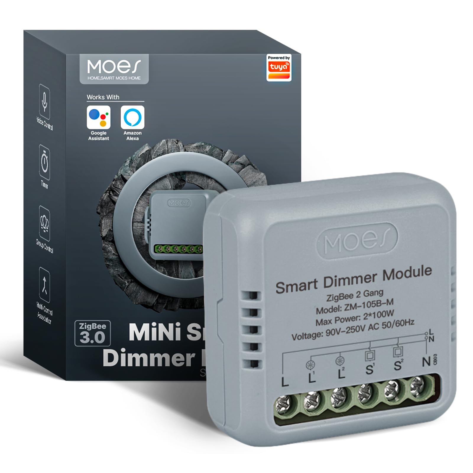 MOES Smart ZigBee Dimmer Switch Module, Requires MOES Gateway, Mini Design, Supports App Voice Alexa Google Home Remote Control, Dual Switch Networking, Timer, Control Sharing, 2 Gang
