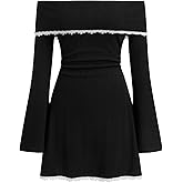 CIDER Womens Off Shoulder Dress Lace Trim Color Block A Line Mini Party Wedding Guest Dresses