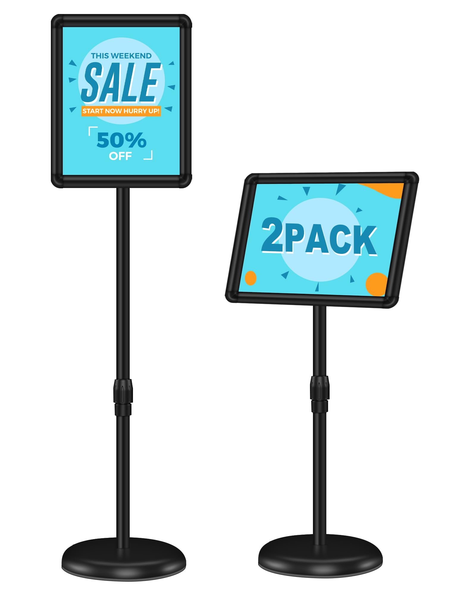 Photo 1 of 2 Pack Sign Holder Stand 8.5x11 inch for Display, Height Adjustable Floor Standing Signage Stand with 360° Rotated Snap Open Frame for Malls, Schools, Advertising, Outdoor Poster Stand