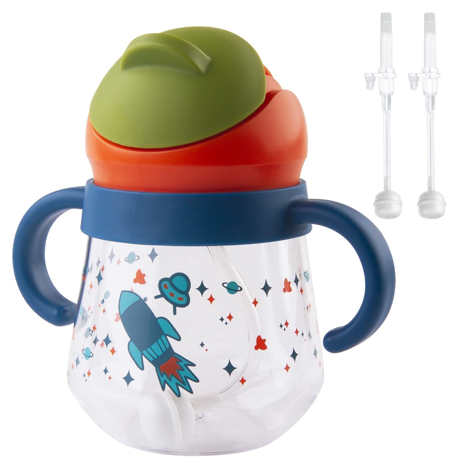 Sippy Cup for Baby 6+ Months, Weighted Straw Non-Spill Cup for Toddlers, Leak-Proof Soft Spout 260ml, BPA Free (Blue with 2 Straws)