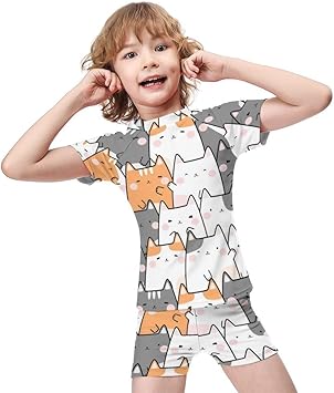 Amazon Co Jp スイムウェア かわいい 猫颜 柄 スクール水着 子供 男の子 女の子 水着 半袖 上下セット 競泳水着 紫外線 Uvカット ラッシュガード 人気 水泳 海水浴 海辺 温泉 ショートパンツ 日焼け防止 スイミング 2点セット キッズ ボーイズ 速乾撥水 水遊びプール