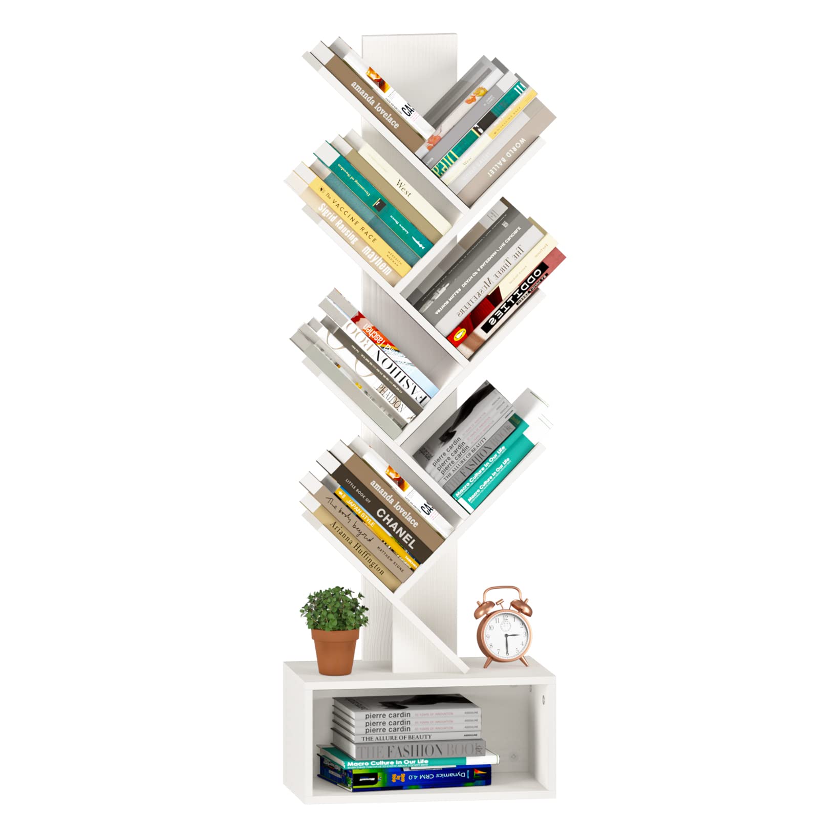 Photo 1 of Yoobure Tree Bookshelf, 6 Tier Small Book Shelf Retro Floor Standing Bookcase, Wood Book Storage Organizer Rack, Tall Narrow Bookshelves for Corner/Bedroom/Living Room/Home Office, White