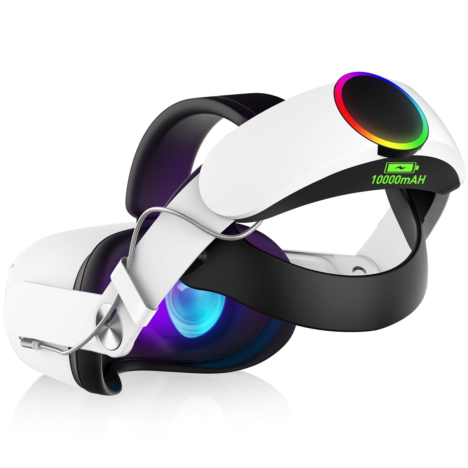 RGB Head Strap for Oculus/Meta Quest 2 Head Strap with Battery 10000mAh Pack for Extended 8 Hrs of Playtime, Fast Charging VR Power, Adjustable Elite Strap Enhanced Support and Balance in VR