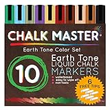 Chalkmaster Liquid Chalk Markers - Huge 10 Earth Tone Color Liquid Chalk Premium Artist Quality Marker Pen Set + 6 FREE Additional 6 mm Reversible Chisel to Bullet Point Tips 100% Guarantee