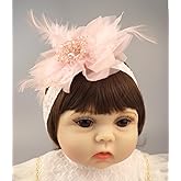 Bethynas Baby Girls Lace Feather Headband Beads Gauze Flower Elastic Toddler Hairband Birthday Party Princess Hair Accessories for Newborn Infant (Pink)