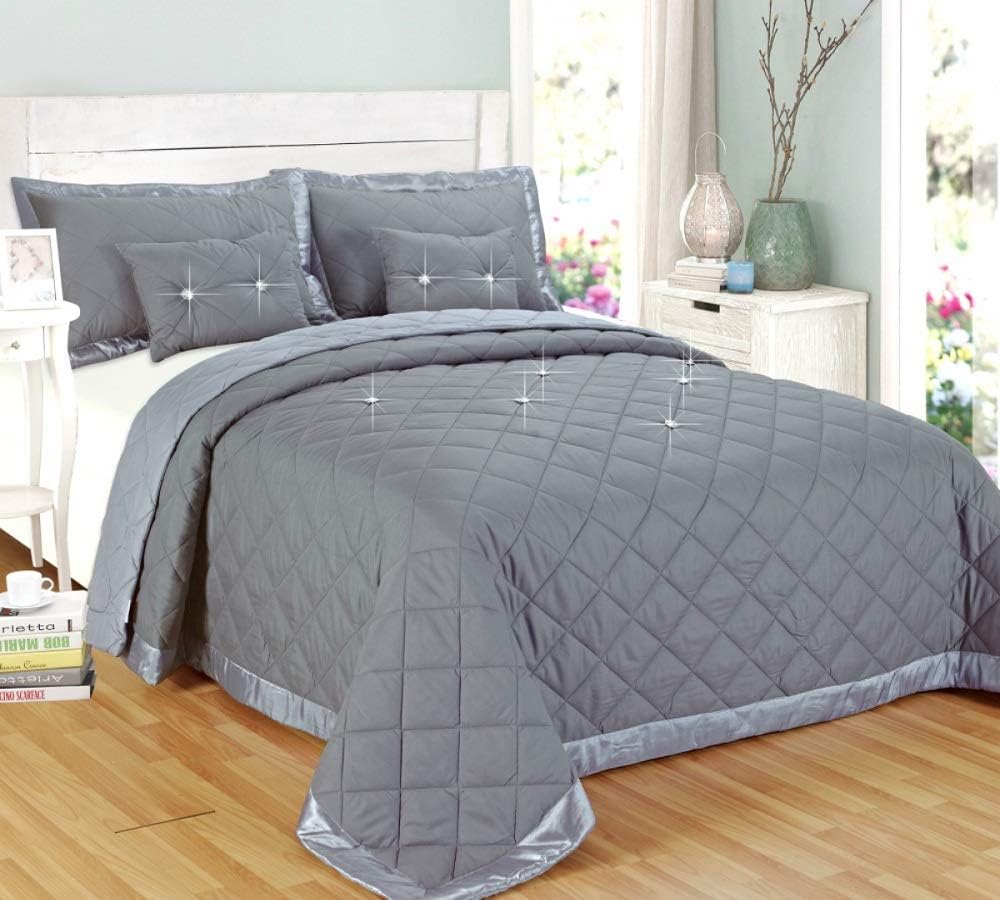 Diamond Grey Bedspread 5 Pieces Comforter Bed Throw Reversible Sizes