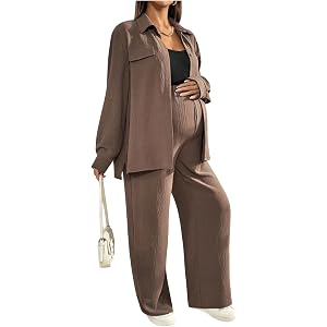 MakeMeChic Maternity 2 Piece Outfits for Women Long Sleeve Button Collar and Pants Maternity Sets Maternity Maternity Sets