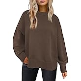 Womens Sweaters Crewneck Long Sleeve Pullover Tops Loose Fit Soft Knit Ribbed Hem Side Slit Casual Fall Winter Outfits