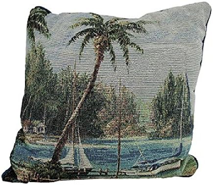 Island Cove Tropical Tapestry Throw Pillow. Bring The Islands Home. Made in the USA. 17 x 17 x 6 Inch.