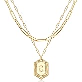 MEVECCO Dainty Gold Initial Necklace for Women 18K Gold Plated Layered Paperclip Link Chain Necklace Personalized Cute Hexagon Letters for Women Everyday Wear Jewelry