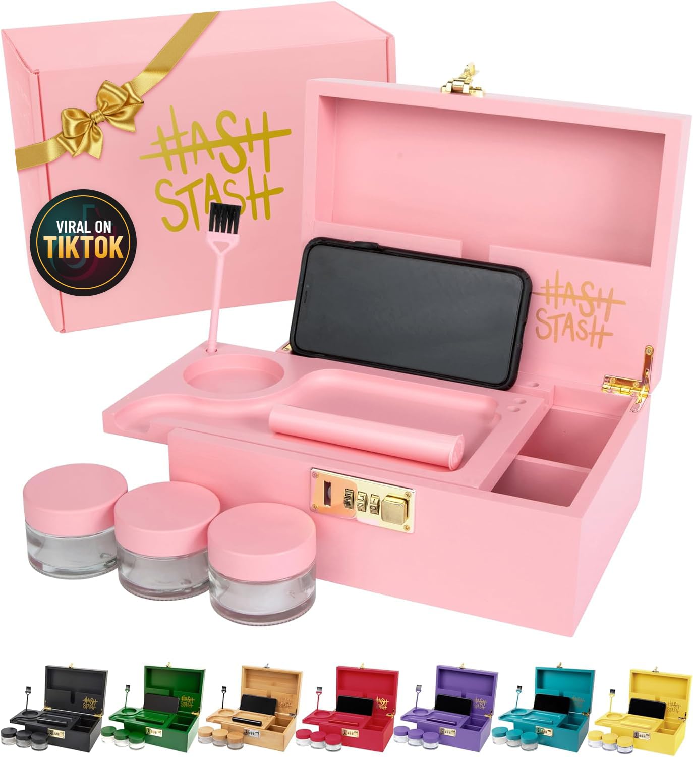 The OG Storage Box - Large Bamboo Box with Combination Lock, Magnetic Lid, Organizer Tray, Tube, Brush and 3 Smell-Proof Jars - Discreet Decorative Stash Storage Lock Box with Accessories (Pink/Gold) — image 1