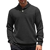 QOSOQ Men's Shawl Collar Sweaters Long Sleeve Button Turtleneck Sweater Textured Waffle Pullover