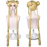 Wiggy Mermaid Long Blonde Wig for Women Curly Blonde Cosplay Wig Anime Wigs with Bun Cap for Halloween Costume Party