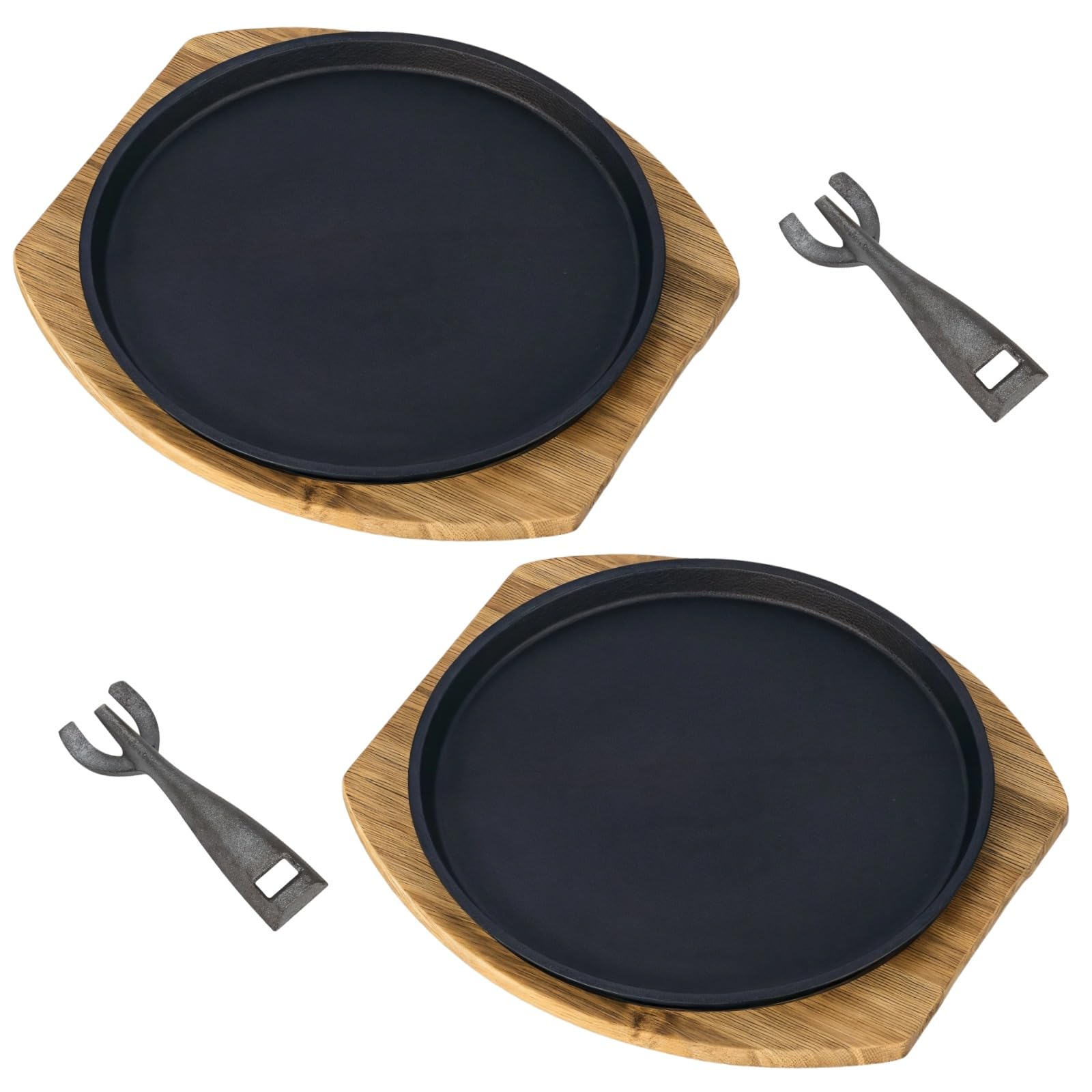 Photo 1 of 2 Set Sizzling Steak Plates, Iron Steak Plate with Wooden Tray and Heatproof Clip, Round Fajita Plate for Grilling and Teppanyaki, Easy to Clean