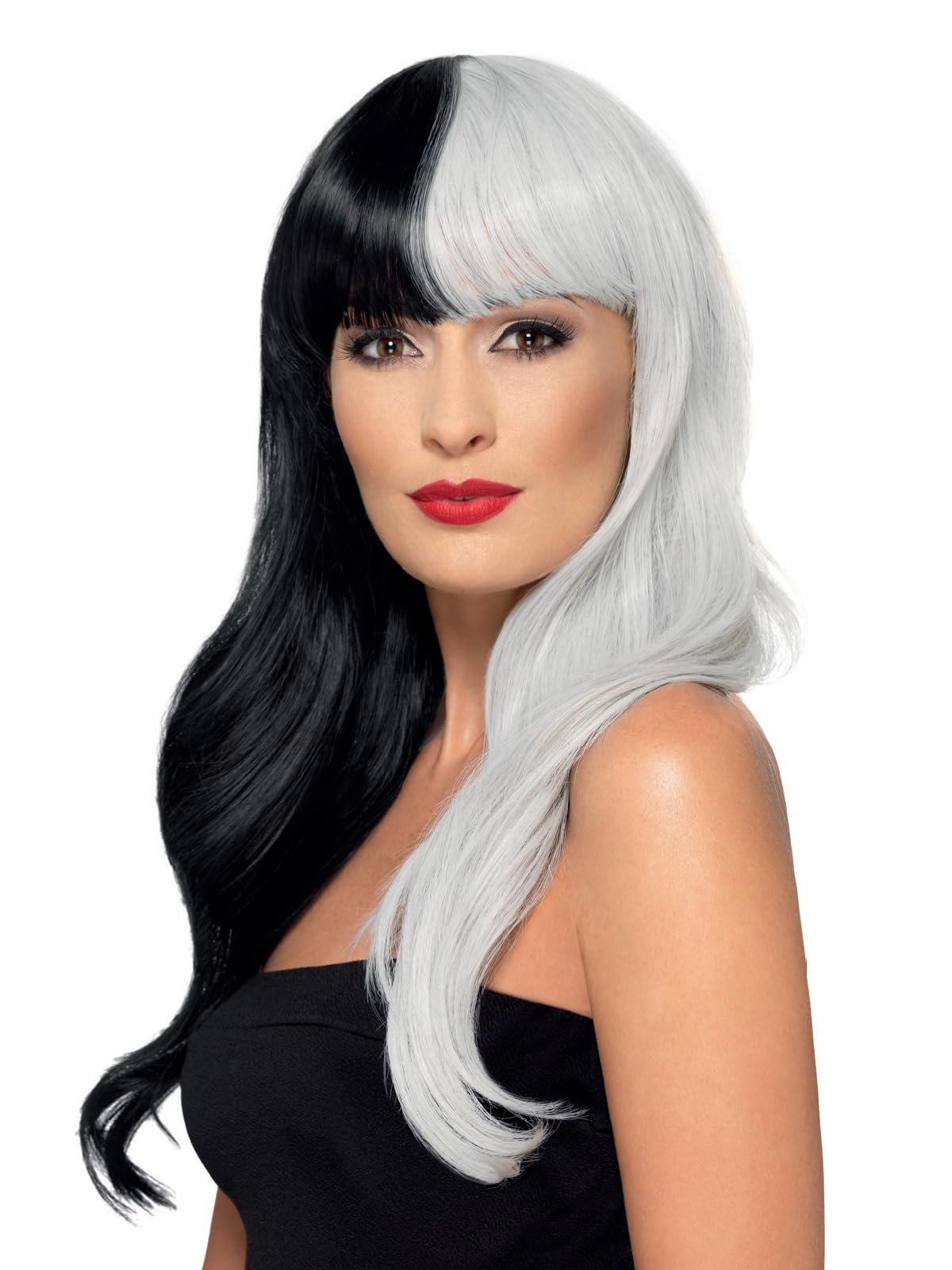 Smiffys Deluxe Wig, Half & Half With Fringe, Black & Grey Heat Resistant/Styleable, Ladies Glamour Wigs Fancy Dress, Halloween Dress Up Wigs